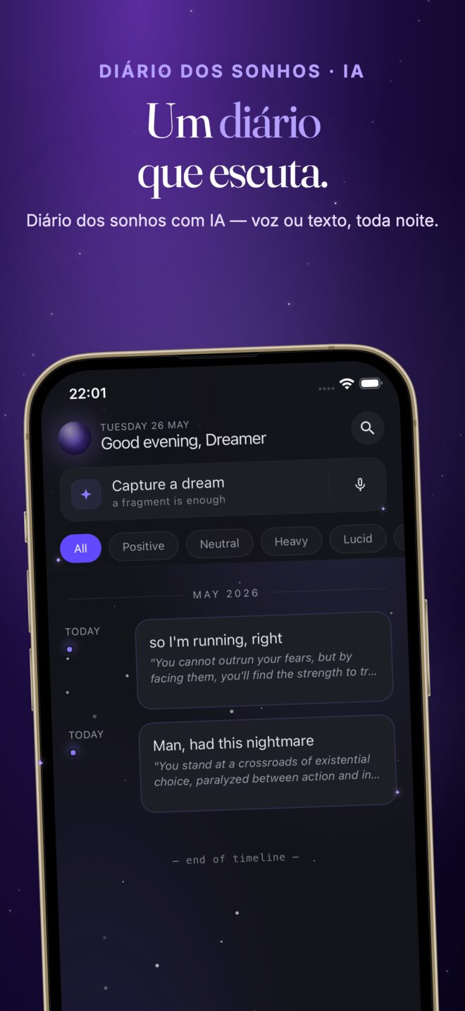 Diário de sonhos com IA: registros com data, filtrados por humor.