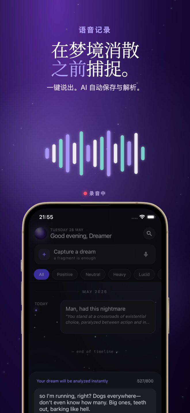 语音记录界面:在梦境消散之前,一键说出来,AI 自动保存与解析。